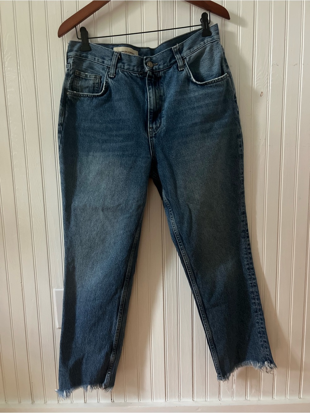 Pilcro and the Letterpress Jeans Womens 31 32 Blue Raw Hem Straight Crop Denim